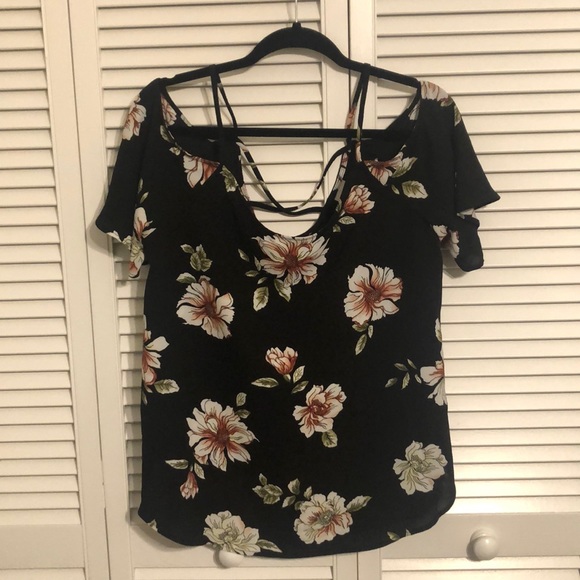 Kalileigh Tops - Black Floral Cold Shoulder Blouse